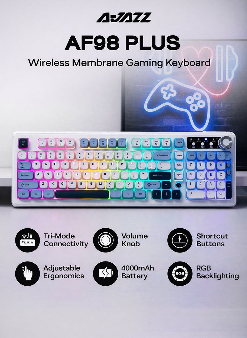 A-jazz AF98 PLUS Tri-Mode Wireless Membrane Keyboard, 97-Key Compact Layout with Numpad, Bluetooth/2.4G/USB-C, RGB Backlit, Volume Knob, 4000mAh Battery, for Windows Mac Android - Image 1